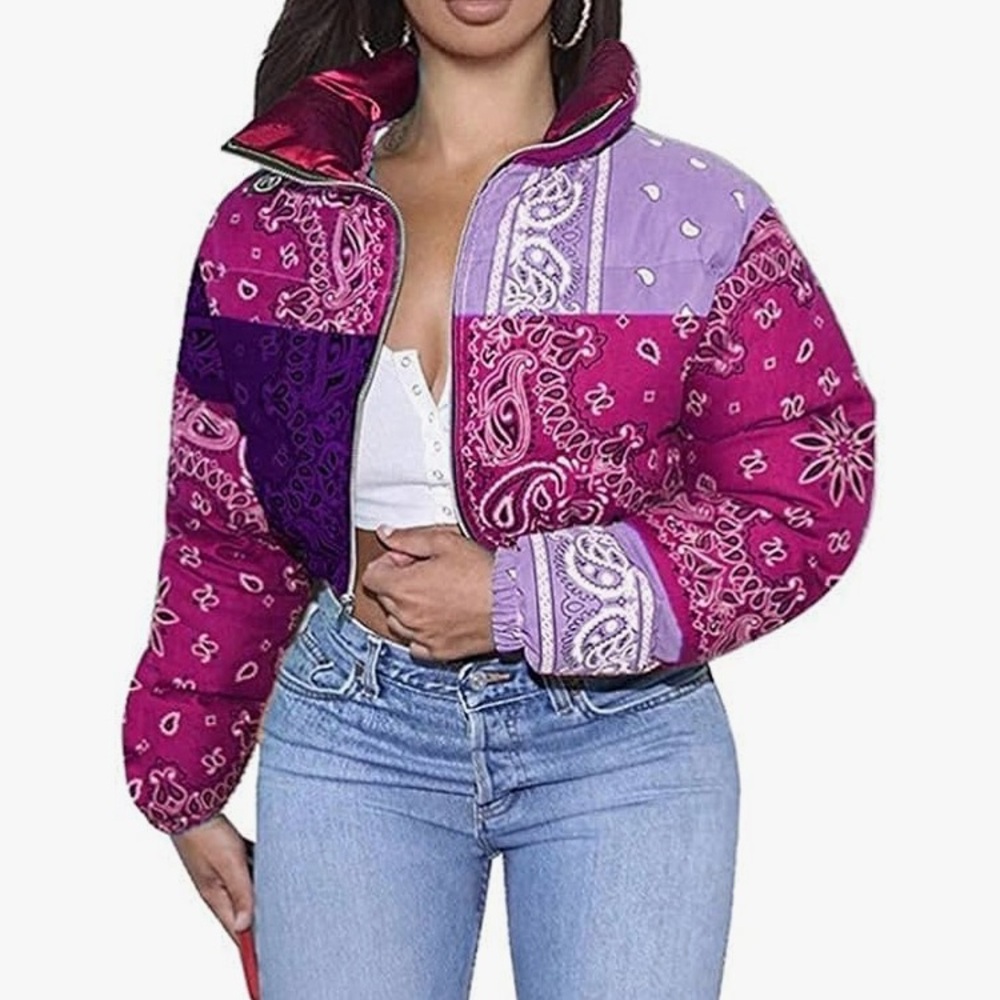 Amazon Women's Purple Paisley Puffer Jacket